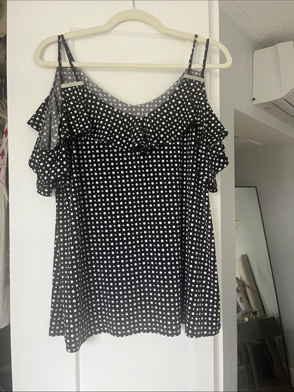 Michael Kors Polka Dot Cold-Shoulder Ruffle Cami - Black/White